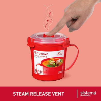 Sistema - Recipientes para microondas | Taza de sopa, tazón de avena y tazón de fideos | Recipientes de alimentos con ventilación de liberación de vapor | Sin BPA | Rojo | 3 unidades