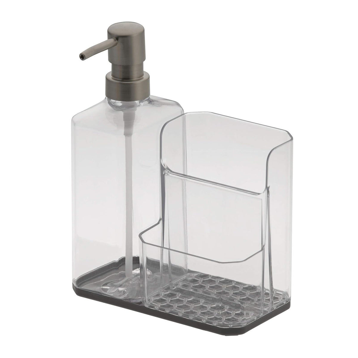 Spectrum Diversified Hexa Sponge & Brush Kitchen Organizer with Refillable Soap Pump, Sponge & Dish, Easy-Clean Sink Organization & Dish Brush Holder with Removable Base, Clear/Gray