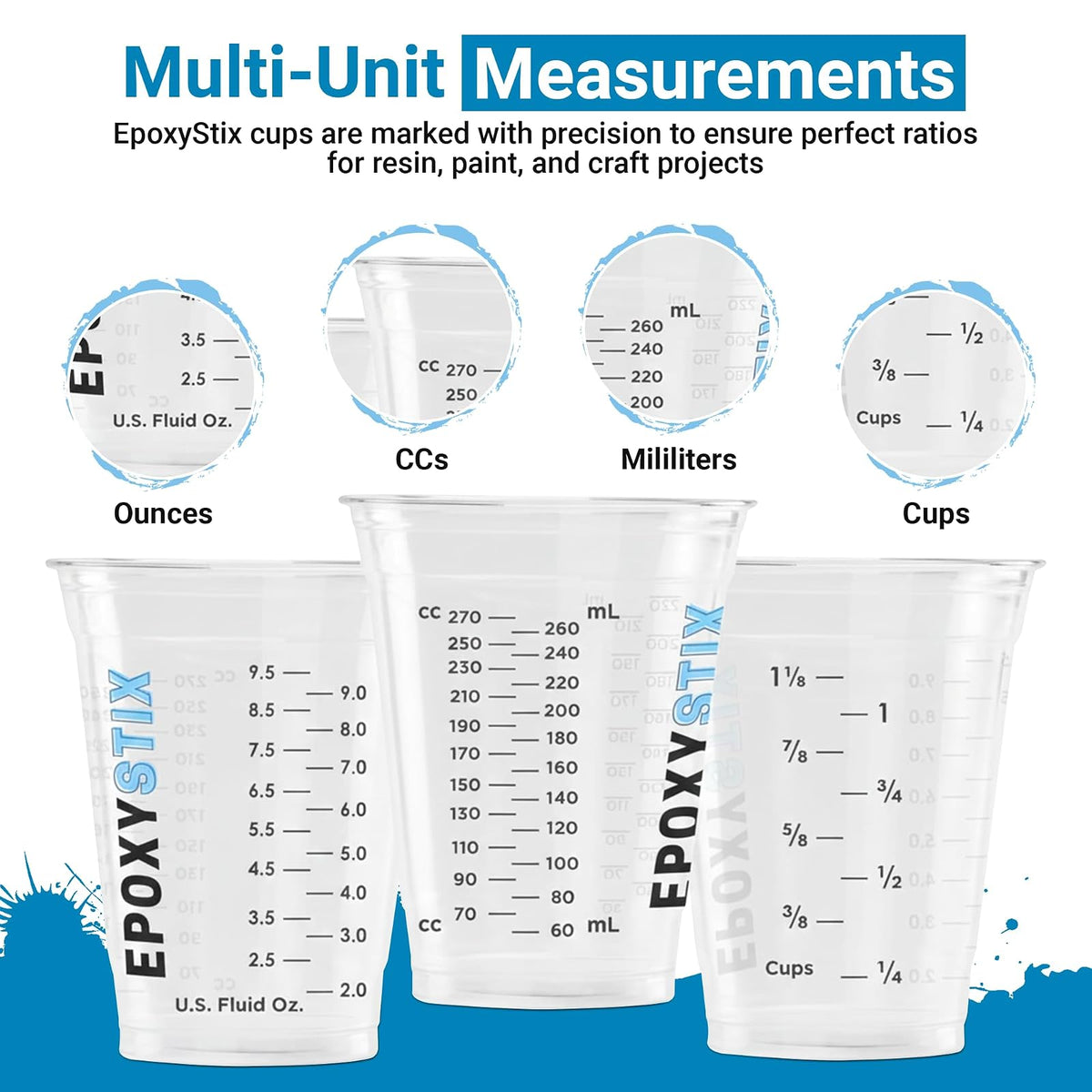 EpoxyStix [Paquete de 50] Vasos graduados de 12 onzas, para mezclar de 350 ml, para mascotas duraderas, marcas de medición transparentes en oz, ml y tazas, para resina, pintura, mezcla y manualidades