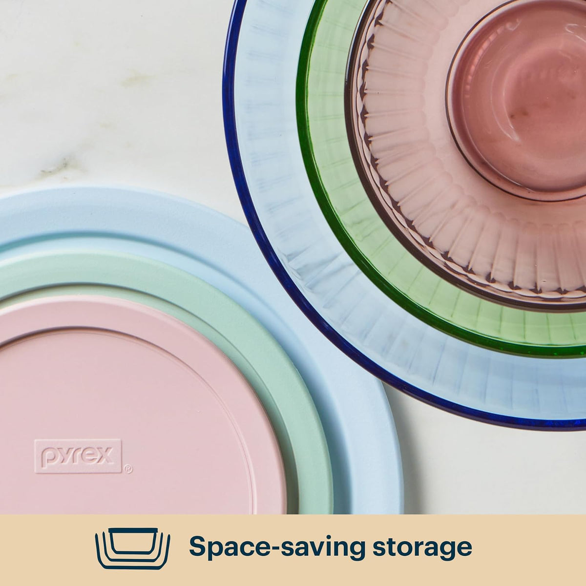 Pyrex Colors Tinted (paquete de 3, juego completo) cuencos para mezclar de vidrio tintado esculpido con tapas, juego de cuencos para ahorrar espacio para preparar y hornear, 1.3QT, 2.3QT y 4.5Q, azul