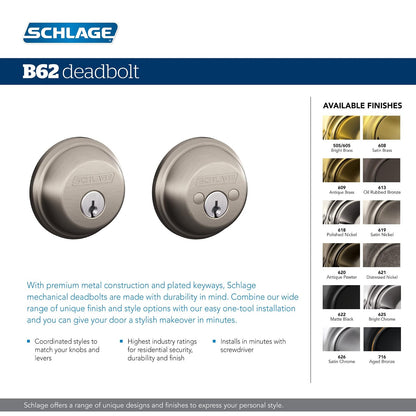 Schlage Deadbolt, llave 2 lados, Bright Brass