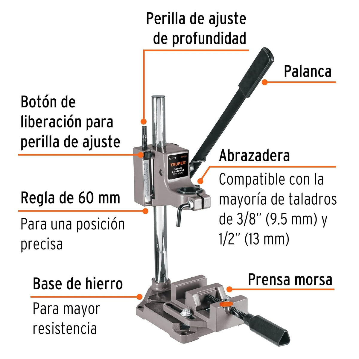 Truper SOP-T12, Soporte Vertical para Taladro 3/8"-1/2" Control de Profundidad Prensa Morsa