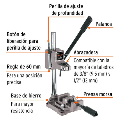 Truper SOP-T12, Soporte Vertical para Taladro 3/8"-1/2" Control de Profundidad Prensa Morsa