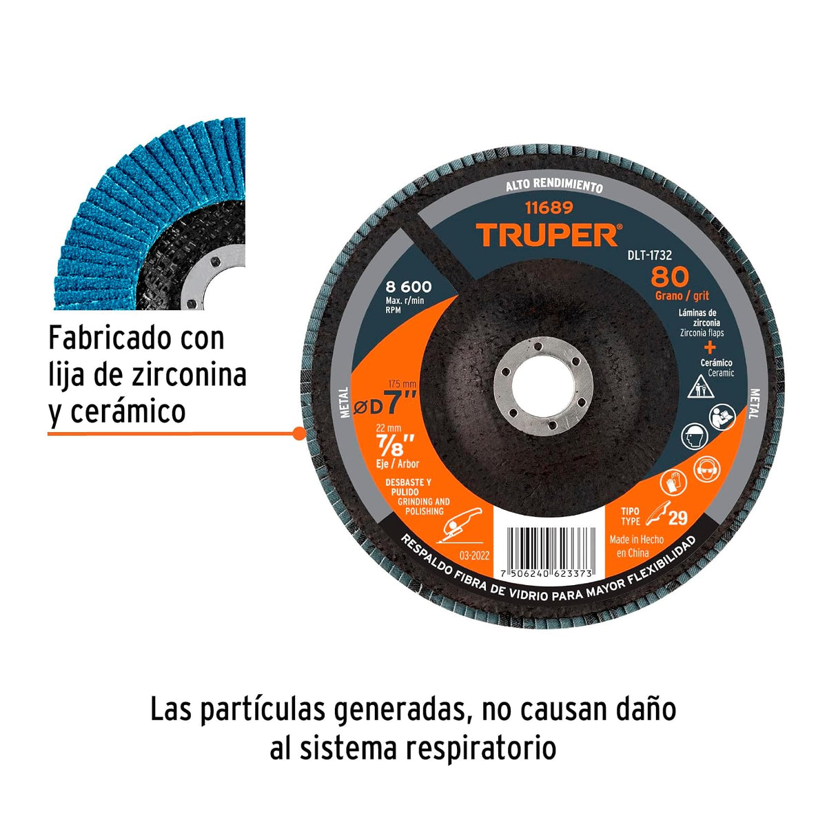 Truper DLT-1732, Disco laminado, 7", grano 80, centro 7/8"