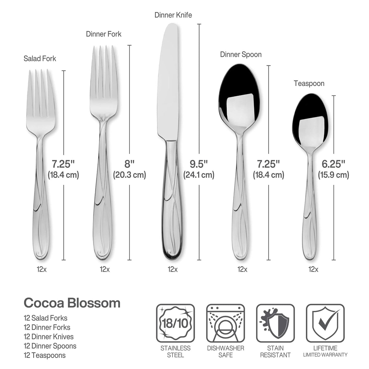 Mikasa Cocoa Blossom - Juego de cubiertos de acero inoxidable, 65 piezas, con utensilios para servir, servicio para 12