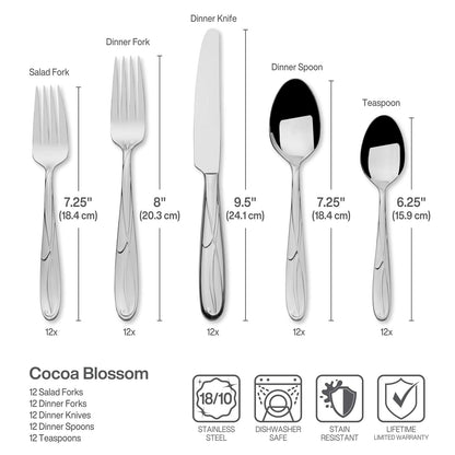 Mikasa Cocoa Blossom - Juego de cubiertos de acero inoxidable, 65 piezas, con utensilios para servir, servicio para 12