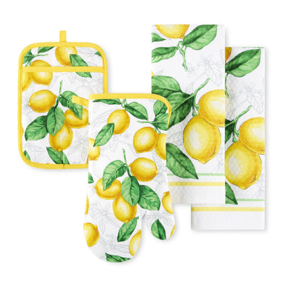 MARTHA STEWART Lots of Lemons - Juego de Toallas de Cocina, Guantes de Horno y agarraderas, Blanco/Amarillo