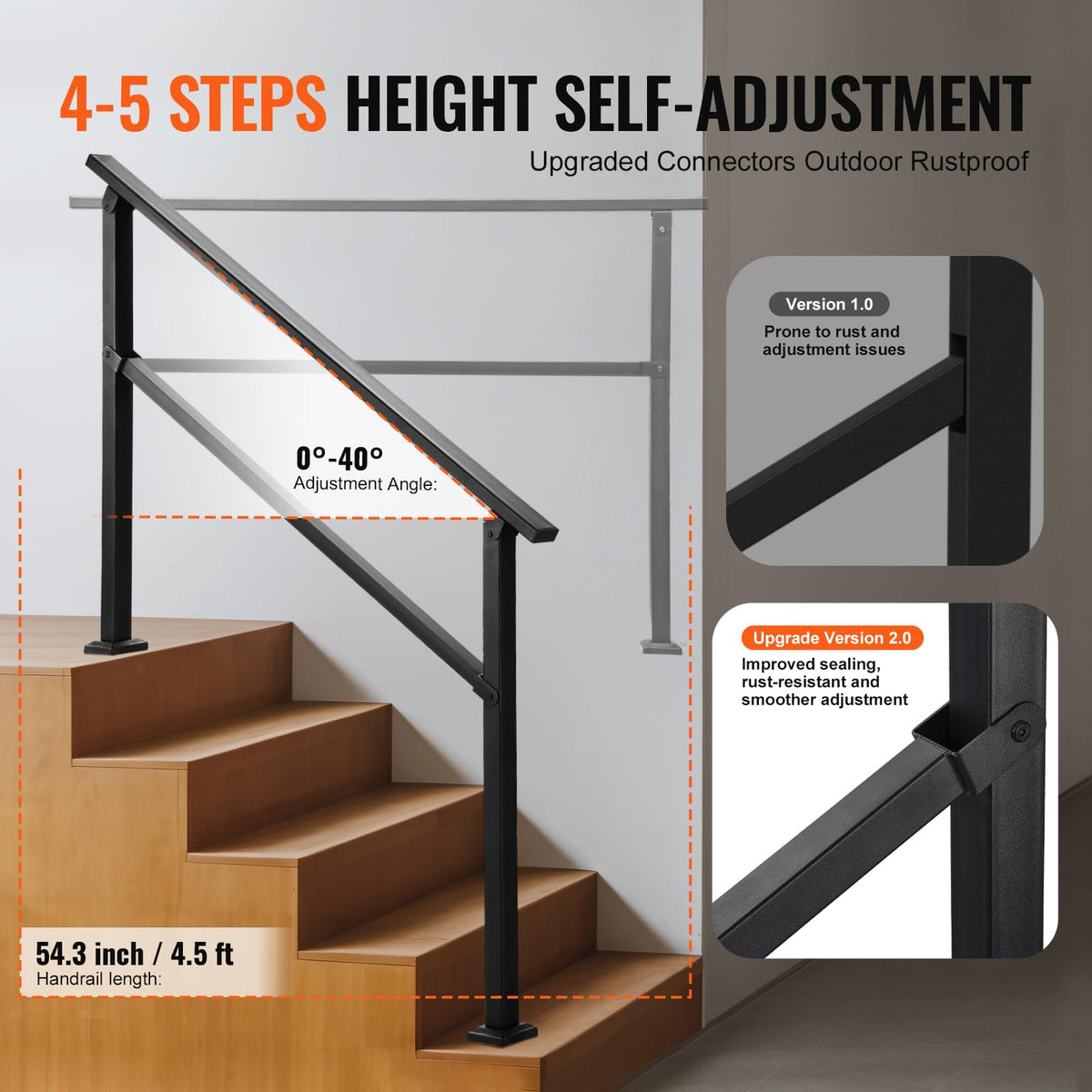 VEVOR Pasamanos de Exterior para Escalera Kit de para 4 a 5 Escalones Tubo Cuadrado con Barra Horizontal Rieles de Soporte de Acero al Carbono para Escaleras de Hormigón, Terraza, Negro