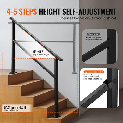 VEVOR Pasamanos de Exterior para Escalera Kit de para 4 a 5 Escalones Tubo Cuadrado con Barra Horizontal Rieles de Soporte de Acero al Carbono para Escaleras de Hormigón, Terraza, Negro