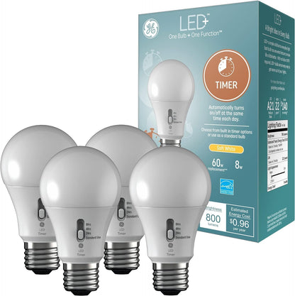 GE LED+ Timer A19 - Bombillas LED con temporizador automático incorporado, 8 W, blanco suave (paquete de 4)