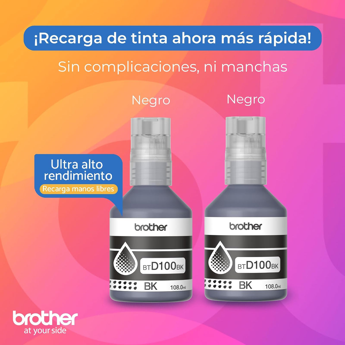 Brother Kit Botellas Tinta Negras InkBenefit Tank para Recarga BTD100BK2PK | Ultra Rendimiento 7,500 Páginas c/u, Original para multifuncionales InkBenefit Tank, Botellas Antiderrame