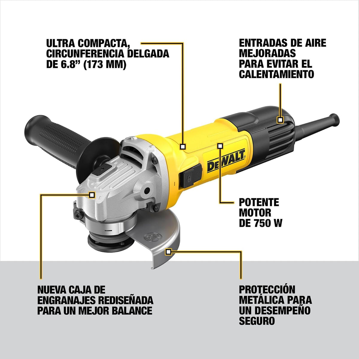 DEWALT Esmeriladora Angular Ultracompacta de 4-1/2" (115 mm), 750 W (DWE750)