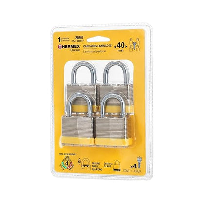 Hermex Basic CM-40X4P, Candado de acero con cuerpo laminado de 40mm, juego de 4 pzas. en blister