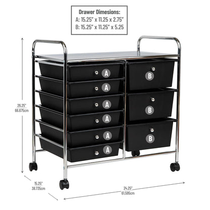 Mind Reader Rolling Cart with Drawers, Utility Cart, Craft Storage, Kitchen, Metal, 24.25"L x 15.25"W x26.25"H, Black, Silver