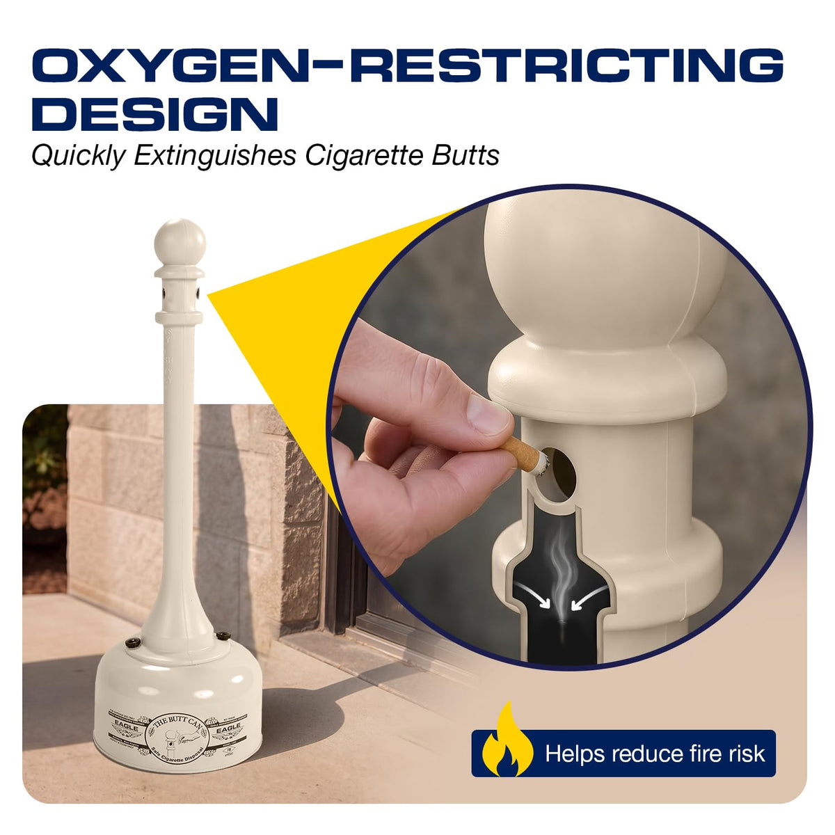 Eagle 1202BEI - Receptáculo de tope de cigarrillos de acero galvanizado, capacidad de 2 galones, 35 pulgadas de altura, 11 pulgadas de diámetro, beige