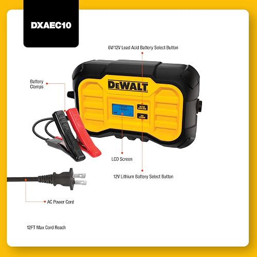 DeWalt DXAEC10 Cargador de Batería Profesional de 10 Amperios y Mantenedor de Batería de Goteo, Amarillo