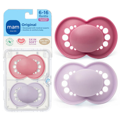 MAM - Chupón original mate para bebé, forma de pezón ayuda a promover un desarrollo oral saludable, estuche esterilizador, niña, 6-16 meses (paquete de 2)