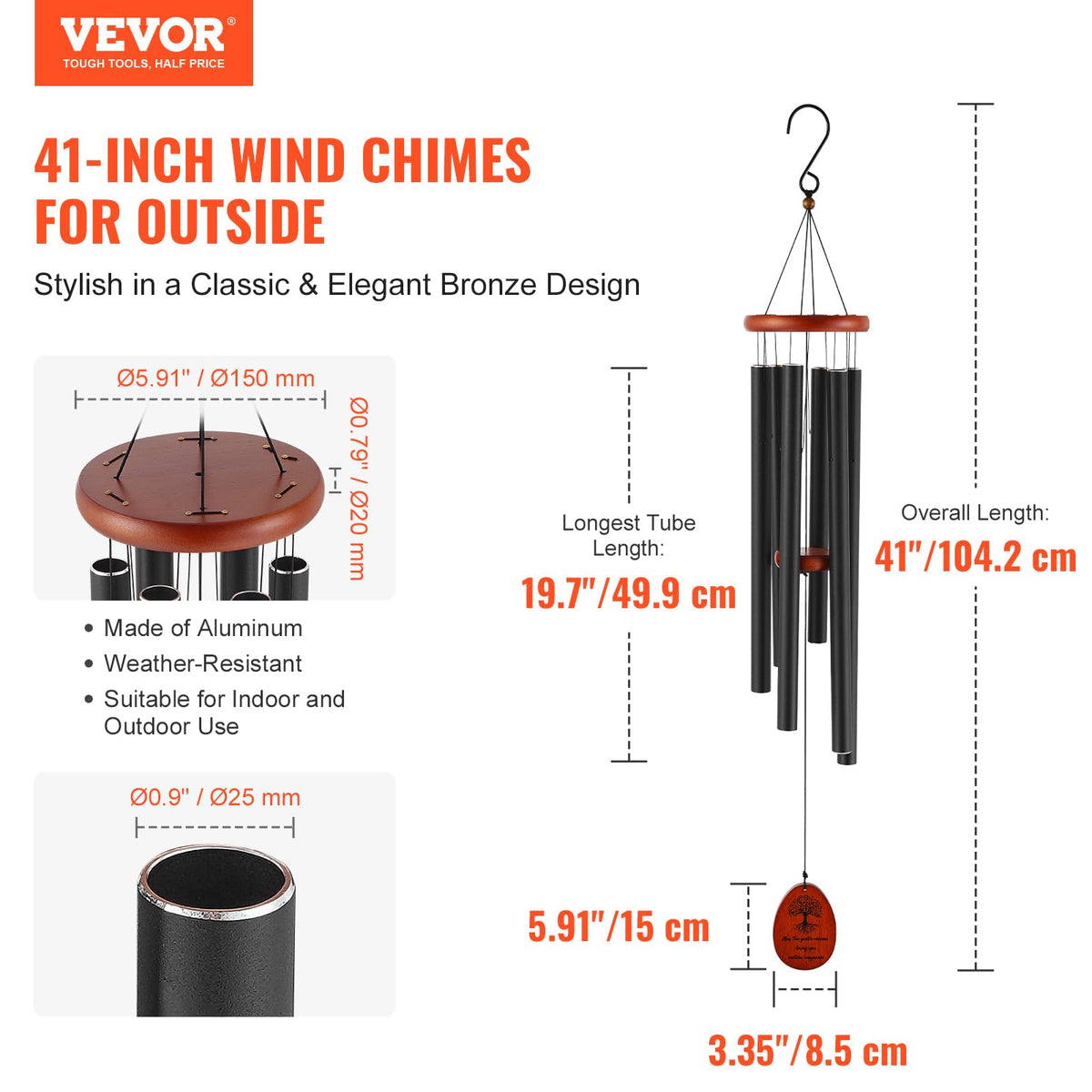 VEVOR Carillón de Viento, 1042 x 153 mm de diámetro, Campanilla con Sonido Profundo y 6 Tubos, único Gran carillón de Viento conmemorativo para Aniversario, Gran decoración al Aire Libre para terraza