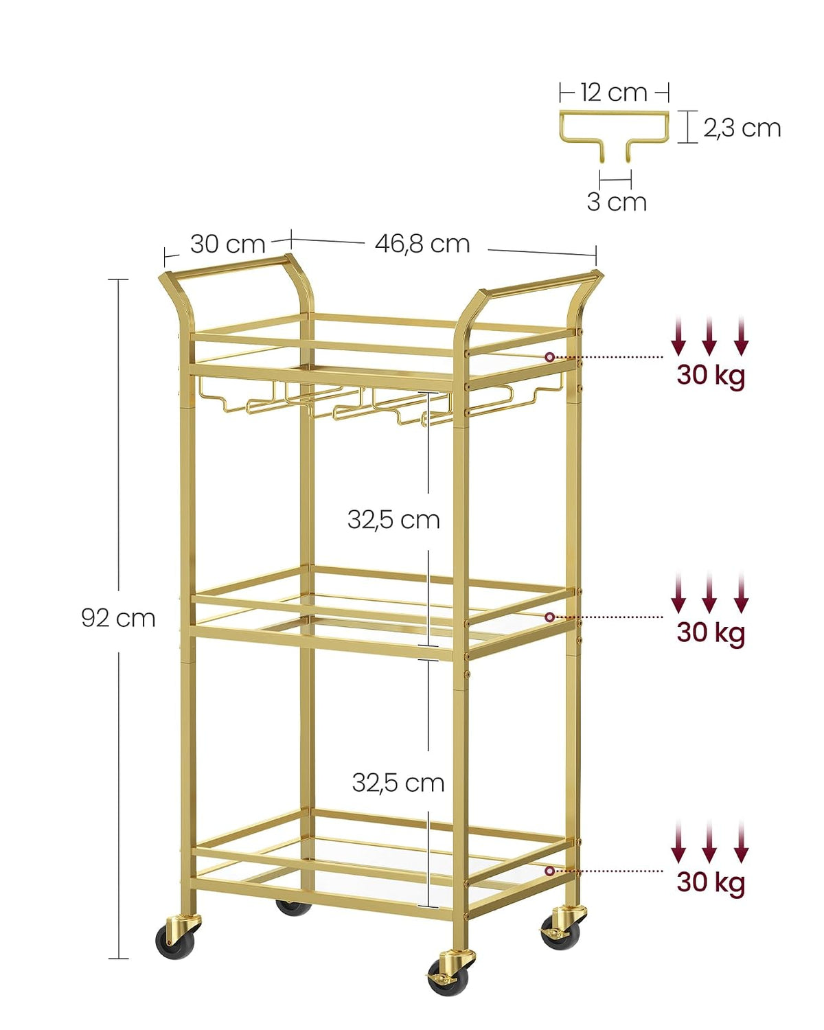 VASAGLE Carrito de 3 Niveles, Minicarrito de Bar, Ruedas, Pasamanos | Espacios Pequeños, Cocina, Comedor, Baño, Salón, Dorado Claro, Gris, Colección BARIS MLRC091A62