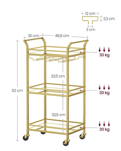 VASAGLE Carrito de 3 Niveles, Minicarrito de Bar, Ruedas, Pasamanos | Espacios Pequeños, Cocina, Comedor, Baño, Salón, Dorado Claro, Gris, Colección BARIS MLRC091A62
