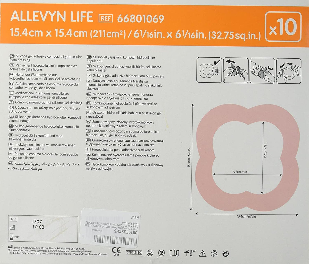Smith+Nephew ALLEVYN Life - Apósito para heridas, 10 cm x 10 pulgadas