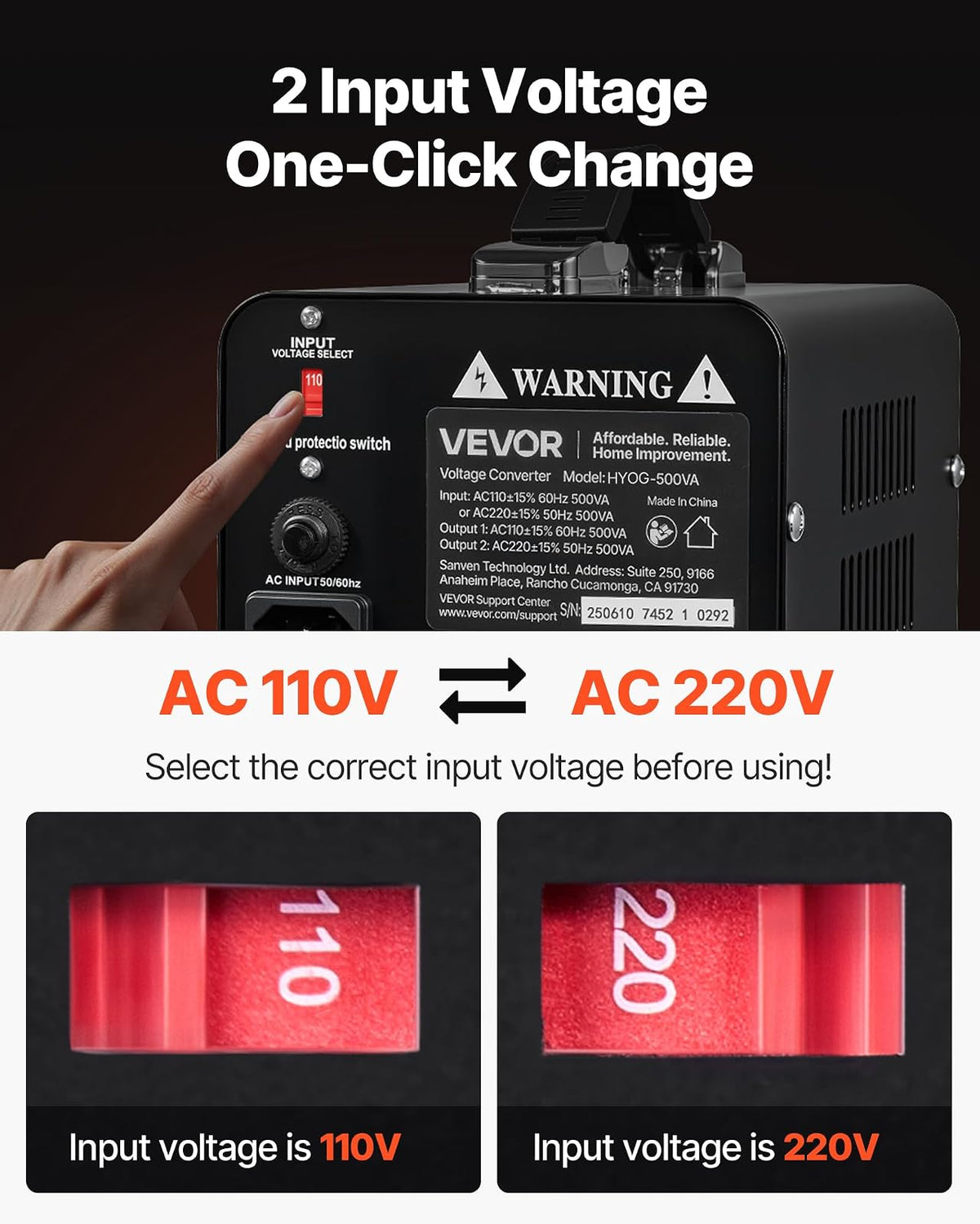 VEVOR Transformador convertidor de voltaje de 500 VA, transformador elevador/reductor de potencia de alta resistencia, convierte de 110 V a 220 V y de 220 V a 110 V