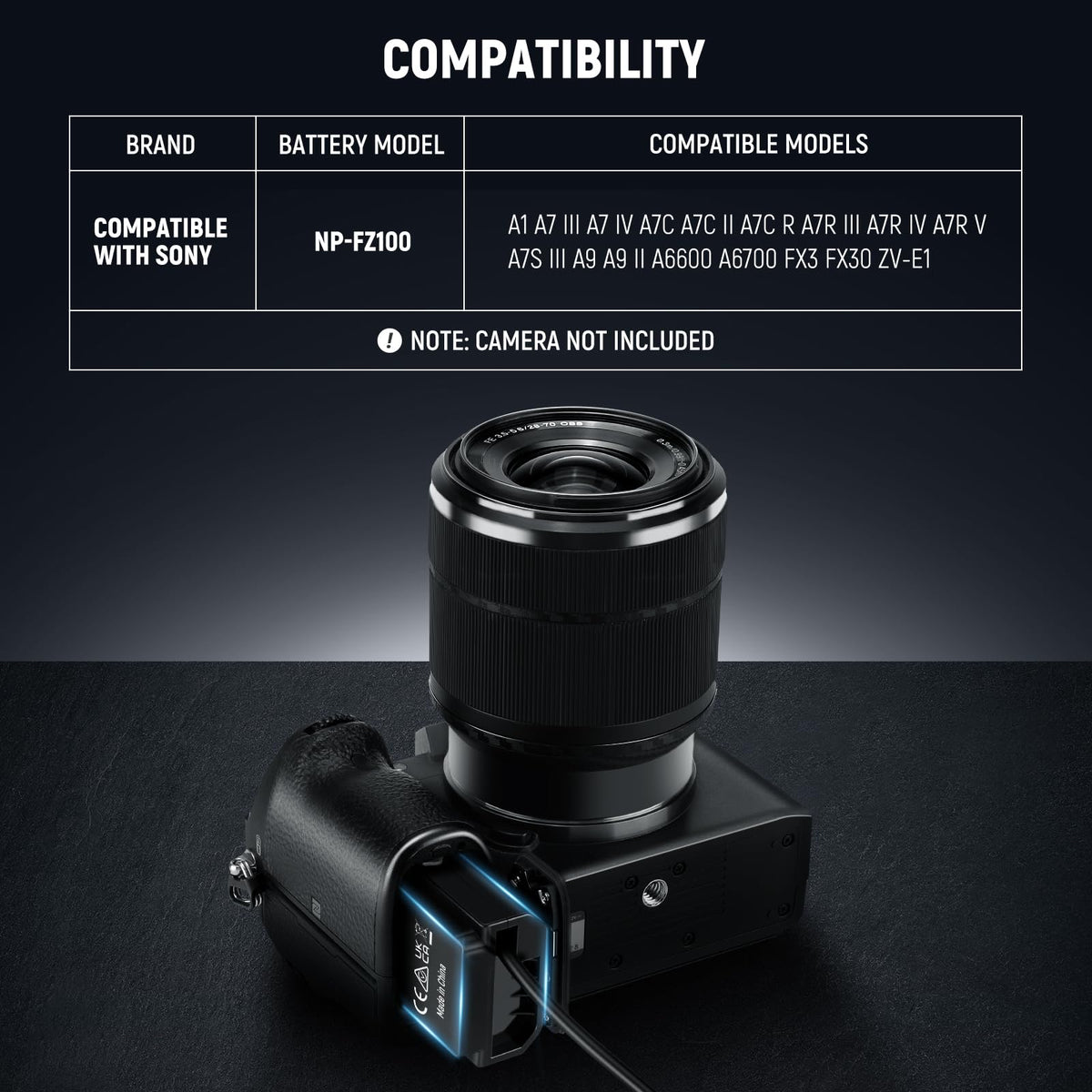 NEEWER D Tap to NP-FZ100 Batería Simulada con Cable para V Mount Batería, Fuente de Alimentación Estable para Sony ZV-E1 A1 A7 III A7 IV A7C II R III IV V A7S III A9 II A6600 A6700 FX3 FX30, VP-FZ100