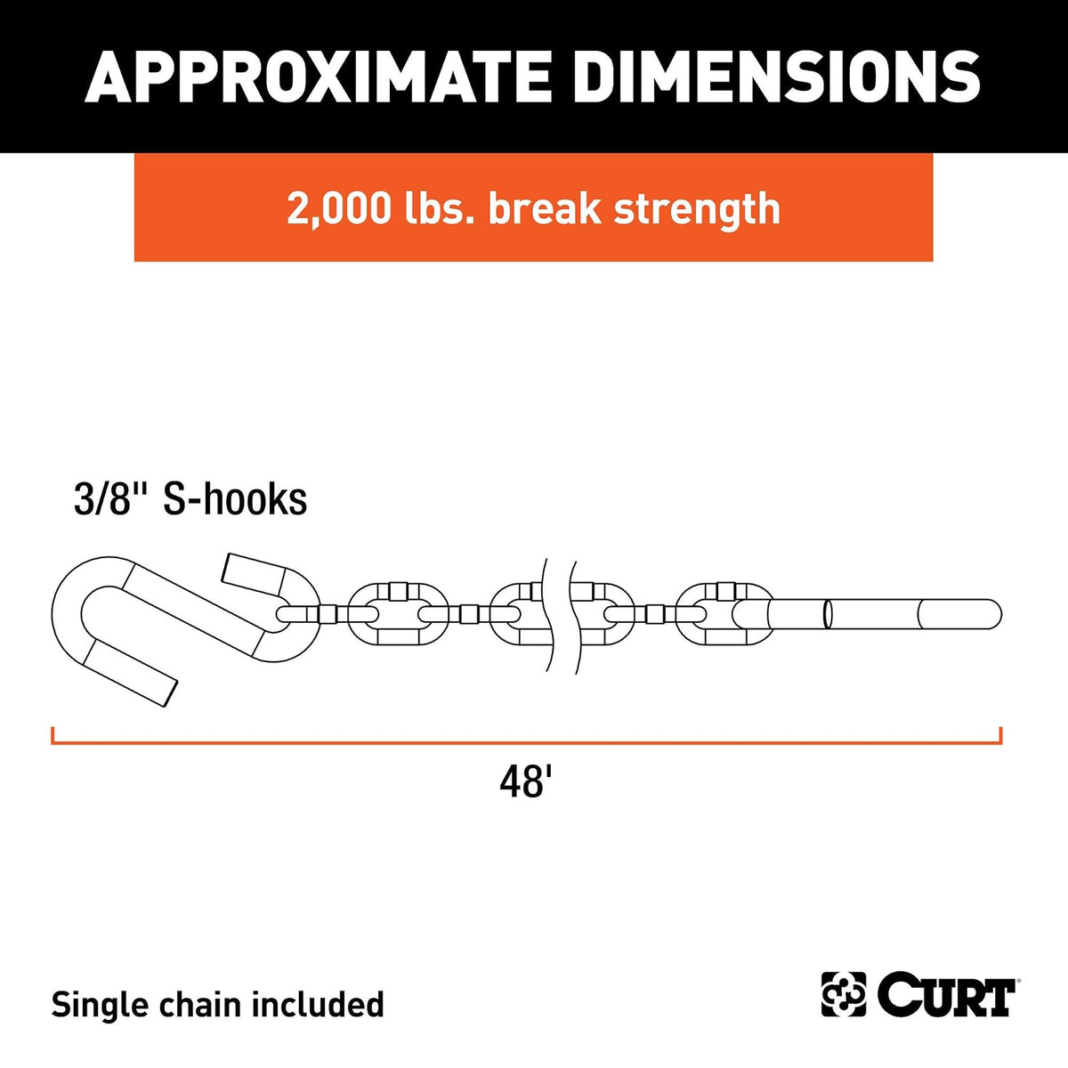 CURT 80010 - Cadena de Seguridad para Remolque de 48 Pulgadas con Ganchos en S de 3/8 Pulgadas, Resistencia a la Rotura de 2 Libras