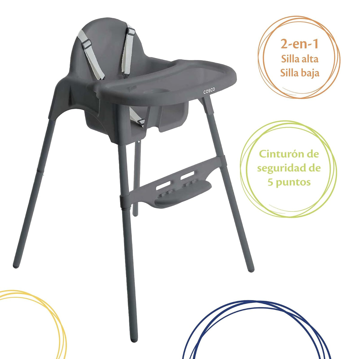 Cosco Silla Alta 2 en 1, Gris, con bandeja removible y arnés de 5 puntos. Uso desde 6 meses hasta 15 kg