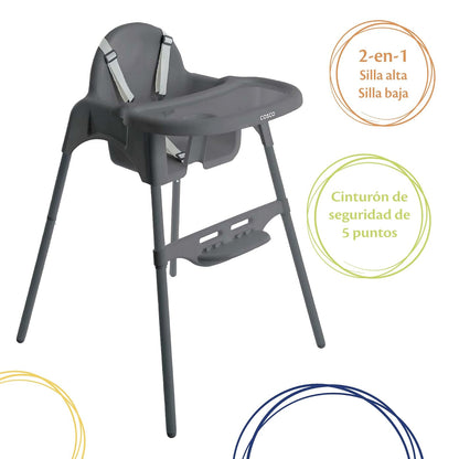 Cosco Silla Alta 2 en 1, Gris, con bandeja removible y arnés de 5 puntos. Uso desde 6 meses hasta 15 kg