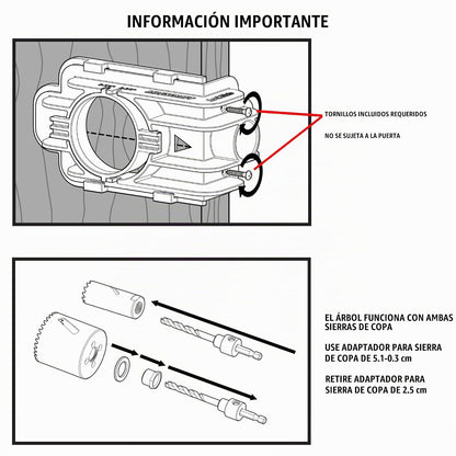 Milescraft 1337 Lock Mate - Kit de instalación de cerradura de puerta con plantilla para puertas de madera/metal, 1-3/8 pulgadas a 1-3/4 pulgadas de grosor. Sierras bi-metálicas de cobalto incluidas
