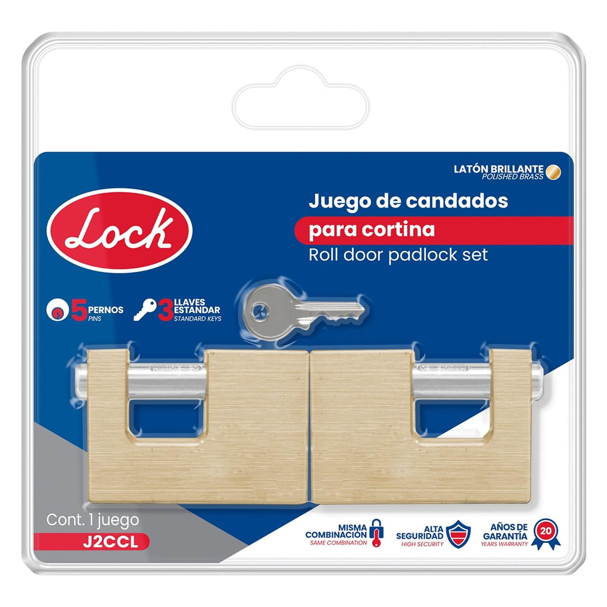 Lock J2CCL Juego de candados para cortina 80 mm, latón brillante, llave estándar, 2 piezas