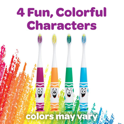 GUM Crayola Pip-Squeaks - cepillo para polvo de dientes manual para niños, cerdas extra suaves para niños pequeños a partir de 3 años, base de ventosa, 1 unidad (paquete de 4)
