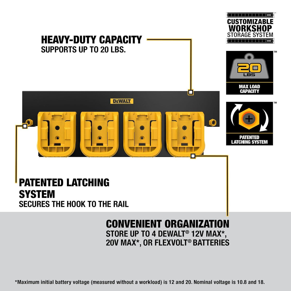 DEWALT - Organizador de batería con capacidad para hasta 4 baterías, riel de montaje, sistema de almacenamiento de taller compatible (DWST82819)