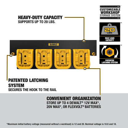 DEWALT - Organizador de batería con capacidad para hasta 4 baterías, riel de montaje, sistema de almacenamiento de taller compatible (DWST82819)