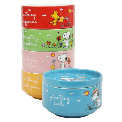 Peanuts Snoopy Taza de Viaje de Gres con Tapa 18 oz Paquete de 4 - 5.5" Bowl Set (6-Pack) - tazón apilable decorado con plato