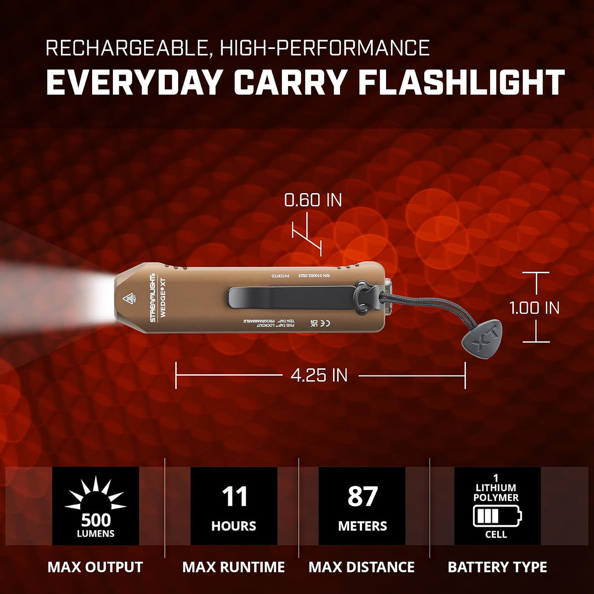 Streamlight 88813 Wedge 50-500 Lumenes Linterna Led Recargable, Lampara de Mano Coyote, Luz Led Blanca, Incluye cable USB-C & cordon