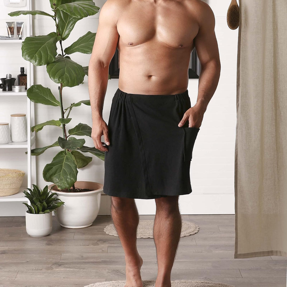 DII - Colección de Envoltura de Ducha de Rizo para Hombre, Cierre Ajustable y Bolsillo, 54 x 20 Pulgadas, Color Negro