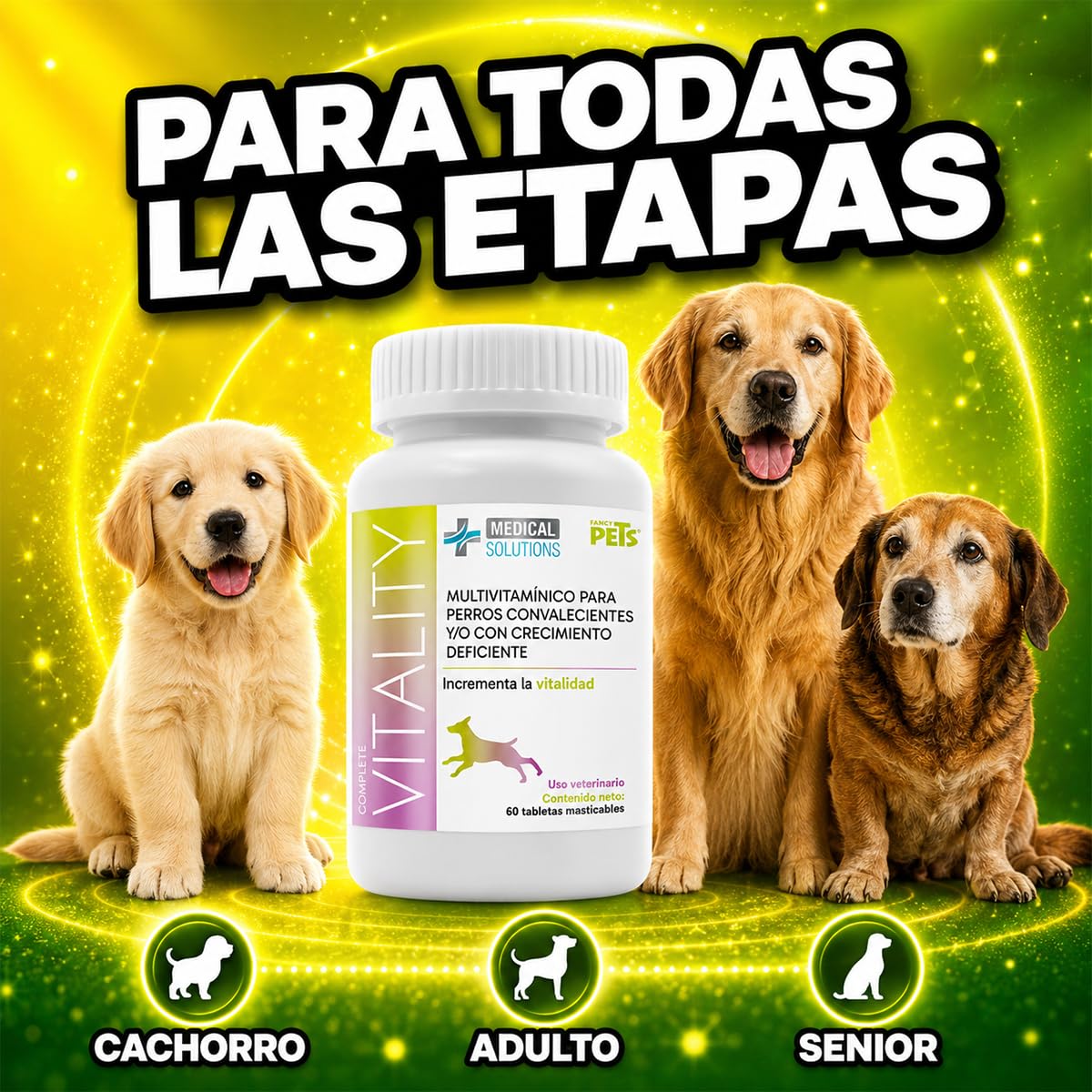 Fancy Pets Medical Solutions Complete Vitality Suplemento Alimenticio para Perros con Vitaminas Minerales L Taurina y L Metionina 60 Tabletas Masticables