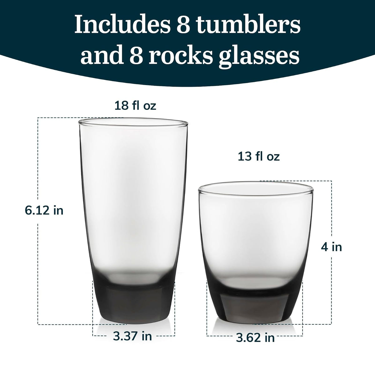 Classic 16 Pieces set, smoke | Capacidades de 18 onzas y 13 onzas para agua, refrescos, cócteles y más con bases teñidas de humo y limpieza segura para