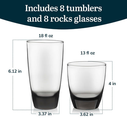 Classic 16 Pieces set, smoke | Capacidades de 18 onzas y 13 onzas para agua, refrescos, cócteles y más con bases teñidas de humo y limpieza segura para