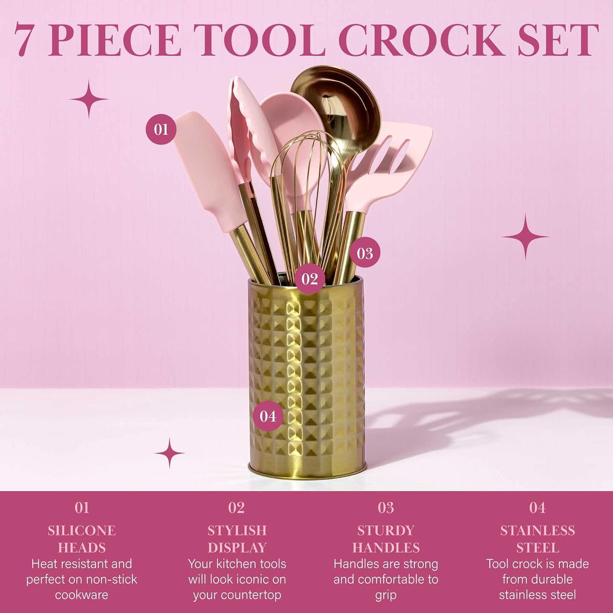 Paris Hilton - Juego de utensilios de cocina con utensilios de cocina de silicona, batidor y cucharón de acero inoxidable, 7 piezas, rosa y dorado