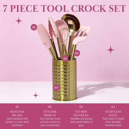 Paris Hilton - Juego de utensilios de cocina con utensilios de cocina de silicona, batidor y cucharón de acero inoxidable, 7 piezas, rosa y dorado