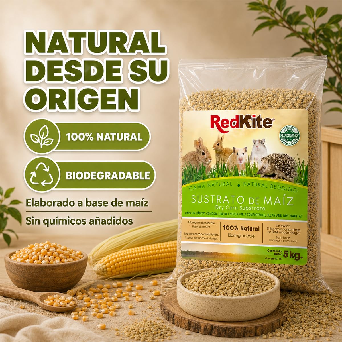 Red Kite Sustrato de Maíz Natural para Pequeños Mamíferos y Aves, 100% Natural, Alta Absorción, 5 kg