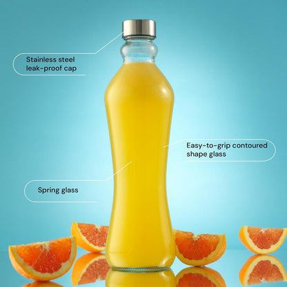 JoyJolt - Juego de 2 botellas de agua de vidrio, 32 onzas, 1 litro, vidrio transparente con tapas de acero inoxidable, a prueba de fugas, ideal para jugos o té helado