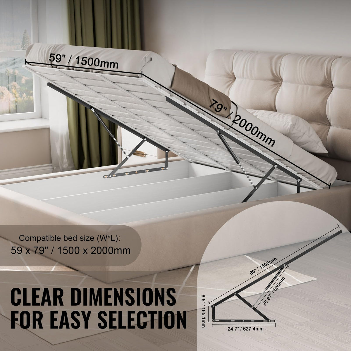 VEVOR Elevador de cama de 59 x 79 pulgadas, compatible con camas de hasta 265 libras de carga, herrajes para cama de pared para bricolaje