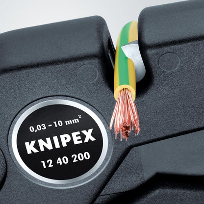 KNIPEX 12 40 200 Pinza pelacables autoajustable 32-8 AWG 200 mm (8") | Aislamiento de PVC y goma, 0,03 – 10 mm², con cortacables, ajuste fino