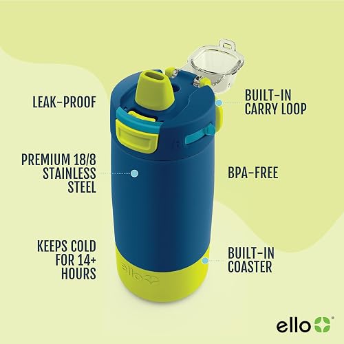 Ello Kids Colby Botella de agua aislada de acero inoxidable de 12 onzas con popote y posavasos de silicona integrados, asa de transporte y tapa de bloqueo a prueba de fugas para mochila escolar,