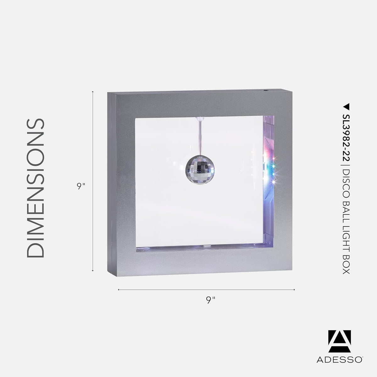 Adesso SL3982-22 Simplee Disco Ball Novedad Caja de estado de ánimo LED multicolor para mesa o montaje colgante, iluminación de pared de galería, alimentación con batería o USB, certificación ETL, 8 pies, marco plateado