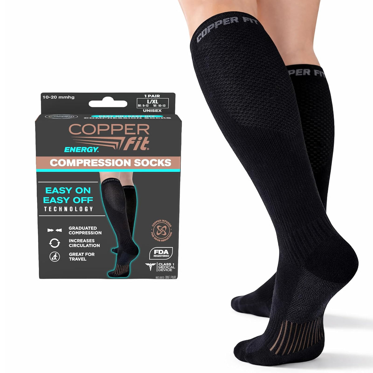 Copper Fit Calcetines de compresión unisex 2.0 fáciles de poner y quitar hasta la rodilla